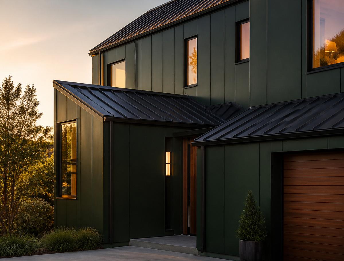 Modern home with dark green architectural cladding and standing seam metal roof